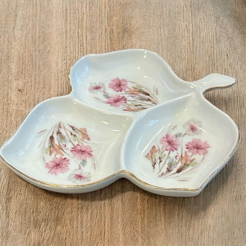 Vintage Coquette Mitterteich Bavaria Germany Dish Floral‎ Leaf Shape Tray 3 Part